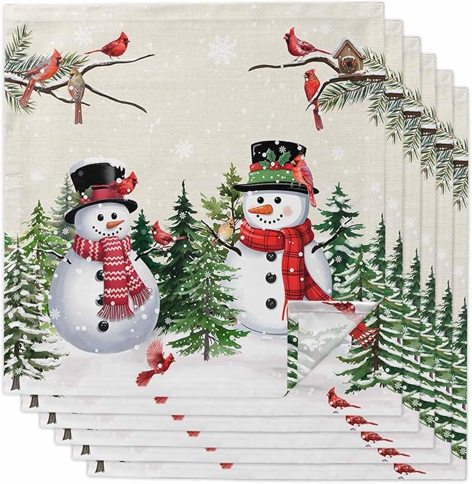 Beige Snowman Christmas Cloth Napkins, Washable and Reusable Dinner Napkins Set of 6, Xmas Tree Snowflake Winter Birds Table Napkin for Kitchen Party Birthday Wedding Hotel Housewarming 20''x20'' by Unknown