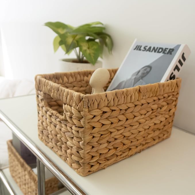 KOKODO Wicker Storage Basket Set of 2, Rectangular Baskets for Shelves with Handles & Chalkboard Labels, Handwoven Water Hyacinth Baskets for Organizing Pantry, Closet & Home. - Image 7