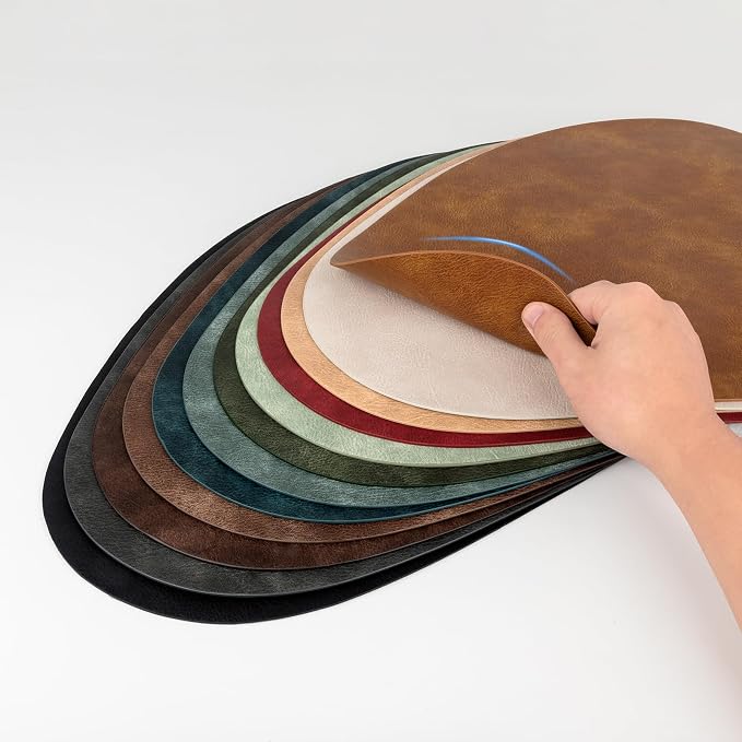 ADRIMER Placemats, Heat Resistant Round Placemats Set of 4 Washable 13 x 17 Inch, Waterproof Table Mats for Kitchen, Dining Room Table Christmas Decor, Turmeric Brown+Camel+Green+Blue - Image 7