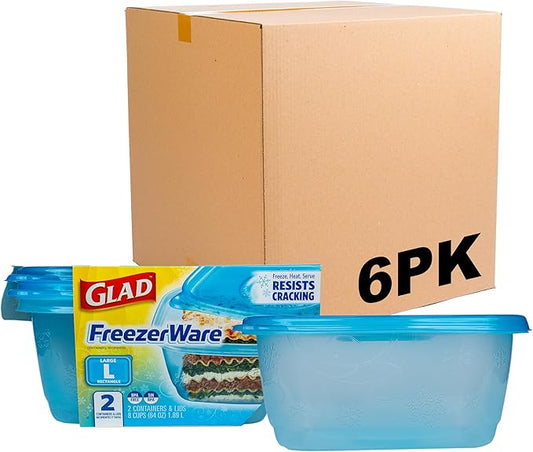 Glad GladWare FreezerWare Containers, Large Rectangle, 64 Oz, 2 Count, 6-Pk | Crack-resistant, large rectangle containers for freezing soups and meal prep; microwave and dishwasher safe by GladTrashFoodStorage