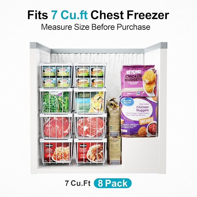 Chest Freezer Organizer Bins - Small Baskets for 7 Cu.Ft, 6 Pack | Easy Access Handles, Stackable Deep Freezer Wire Baskets, Vertical Space Sorts for Frozen Meat, Vegetable and Bagged Items - Image 2