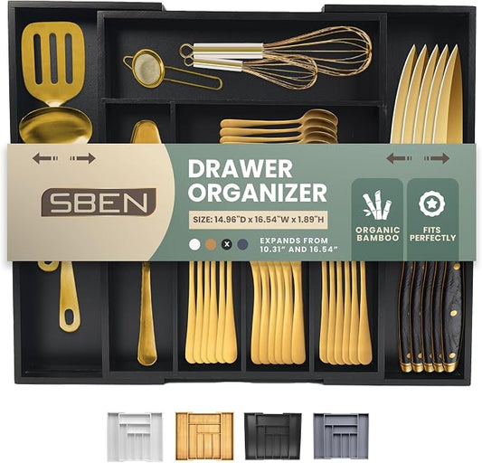 Sben Expandable Drawer Organizer for Utensils Holder, Adjustable Cutlery Tray, 6-8 Slots, Premium Wood Drawer Dividers Organizer for Silverware, Flatware, Knives for Kitchen (Black) by SBEN
