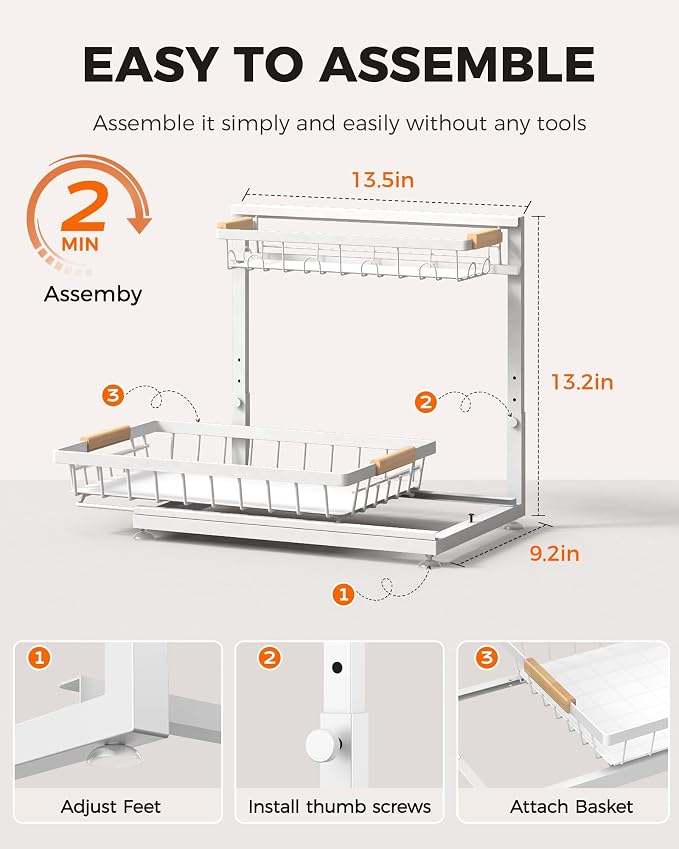 2-Pack 2-Tier Height Adjustable Under Sink Organizer & Storage | Multi-purpose storage for kitchen & bathroom cabinet. Large white shelf, height adjustable design for space-saving. - Image 9