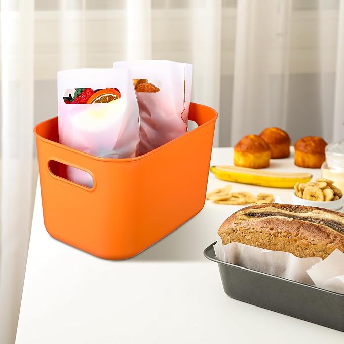 8 Pieces Colorful Storage Bins with Lid, Plastic Storage Basket Organizing Container Stackable Box with Handle for Shelves Desktop Playroom Office(10.2 x 7 x 6.3 Inch,Orange) - Image 4