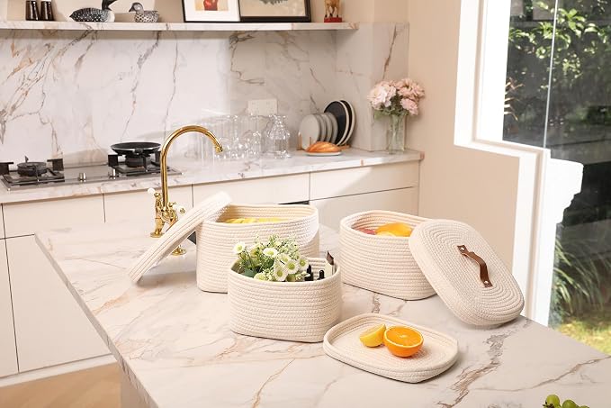 Set of 3 Nesting Woven Storage Baskets with Lids, Cotton Rope Decorative Basket Set for Shelf Closet Living Room Organizing, Rectangular Off White - Image 6