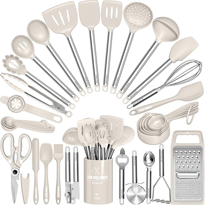 Kitchen Utensils Set-Umite Chef 34 Pcs Silicone Cooking Utensils Set for Nonstick Cookware-Silicone Spatulas Set, Stainless Steel Handle-Khaki Kitchen Gadgets Tools, Pots and Pans Accessories by UmiteChef
