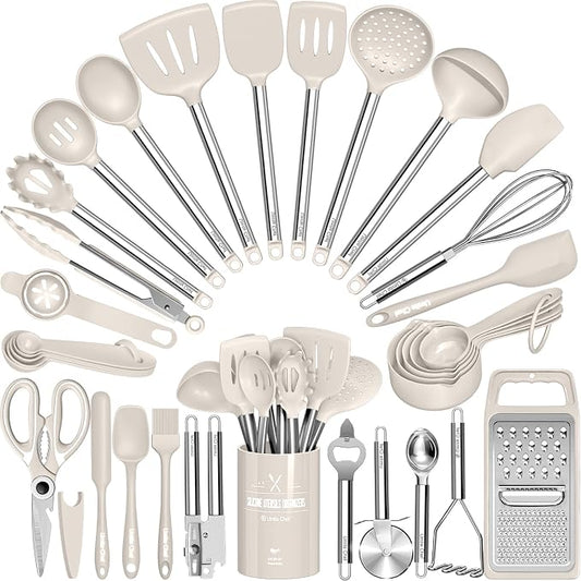 Kitchen Utensils Set-Umite Chef 34 Pcs Silicone Cooking Utensils Set for Nonstick Cookware-Silicone Spatulas Set, Stainless Steel Handle-Khaki Kitchen Gadgets Tools, Pots and Pans Accessories by UmiteChef