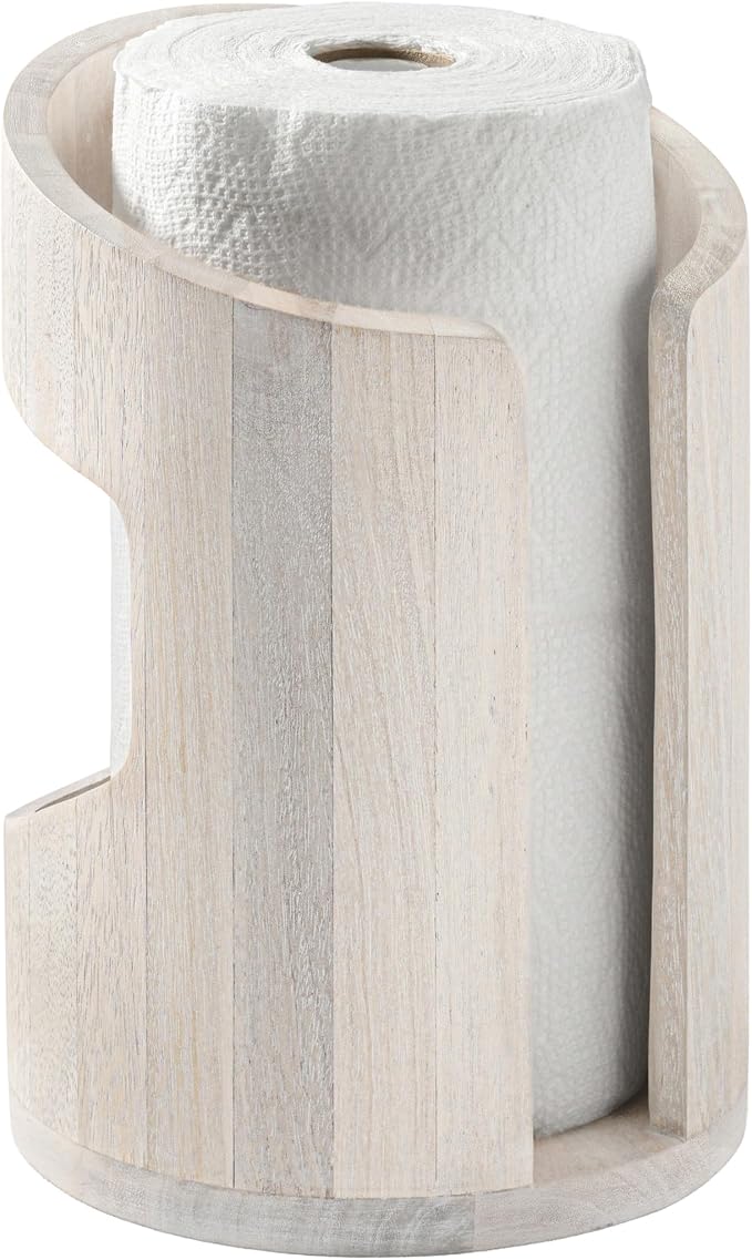 Anji Mountain Wooden Paper Towel Holder with Metal Holder, Holder Stand for Kitchen Roll Organizer & Kitchen Dining Table Home Décor, Countertop Fits Jumbo & Mega Rolls - Whitewash/Nickel, Arc Hold - Image 2
