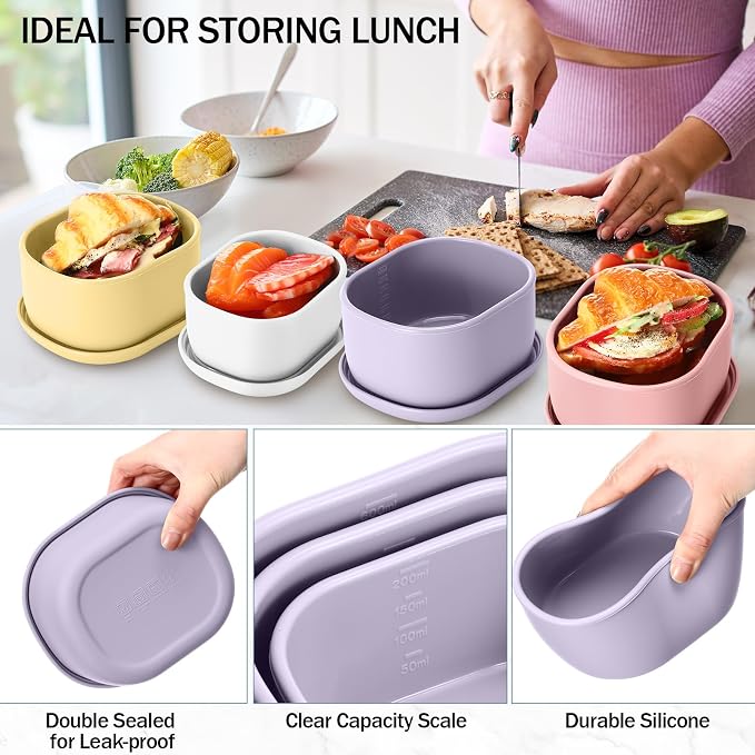 12 Pcs Silicone Food Storage Containers with Lids,Macaroon Color | Reusable, 3 Size Silicone Lunch Box Bento, Freezer Dishwasher Safe, 6.7oz, 10oz, 20oz - Image 4