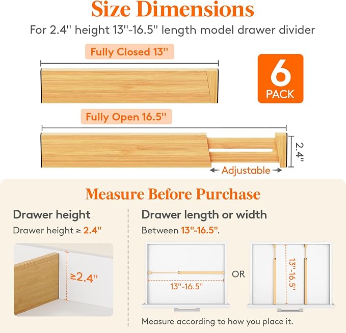 Lifewit 2.4" High 6 Pack Bamboo Drawer Dividers 33-42cm/13-16.5" Adjustable Wooden Drawer Organizer for Clothes/Utensils, Expandable Drawer Separator for Dresser/Kitchen/Bedroom/Office Organization - Image 3