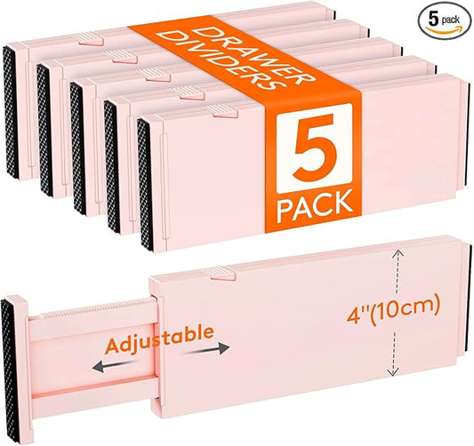 Lifewit 4" High Upgrade Drawer Divider, Adjustable Drawer Organizer Clothes | 5 Pack 11"-17" Expandable Pink Plastic Drawer Separator for Dresser, Kitchen, Closet, Nursery, Office Organization & Storage by Lifewit