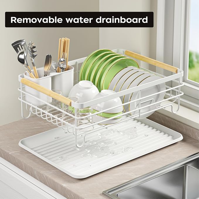 Dish Racks for Kitchen Counter: Wooden Handles, Thickened Metal, No Assembly. Small Dish Drying Rack: Ideal for Small Households. Drying Rack Kitchen: White - Image 4