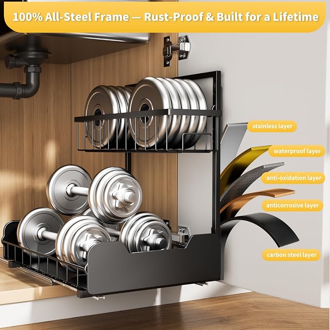 Under Sink Organizer, 2-Tier L-Shaped Pull Out Cabinet Shelf with 2 Installation Methods, Adjustable Sliding Storage Drawer for Kitchen, Bathroom, Laundry, Metal, Black, 2-Pack - Image 6