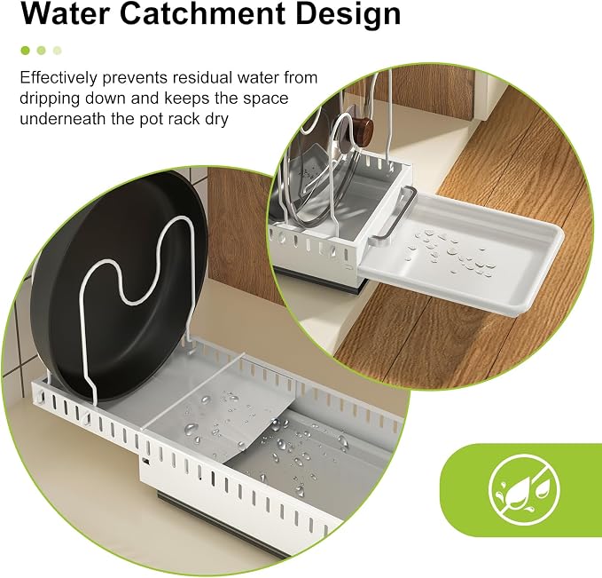 Pots and Pans Organizer Under Cabinet with Drain Board, Pull-out Expandable Pot Lid Organizer inside Cabinet Holder with 10 Adjustable Compartment, Rack for Cutting Board, White (Pack of 2) - Image 3