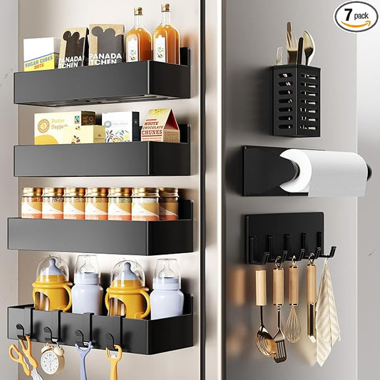 Mystozer Magnetic Spice Rack for Refrigerator,7 Pack Magnetic Shelf,Fridge Magnet Organizer with Paper Towel Holder,Utensils Racks,Hook Rack,Fridge Organizers and Storage Black(7 Pack) by Mystozer