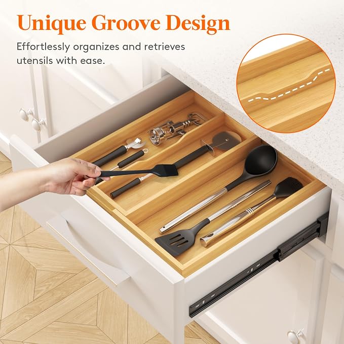 Lifewit Utensil Organizer for Kitchen Drawer, Expandable Cooking Utensil Tray, Cutlery Silverware Flatware Holder, Wood Adjustable Spatula Tools Storage Divider, 8.9-15.8 x 15.75, Natural - Image 7