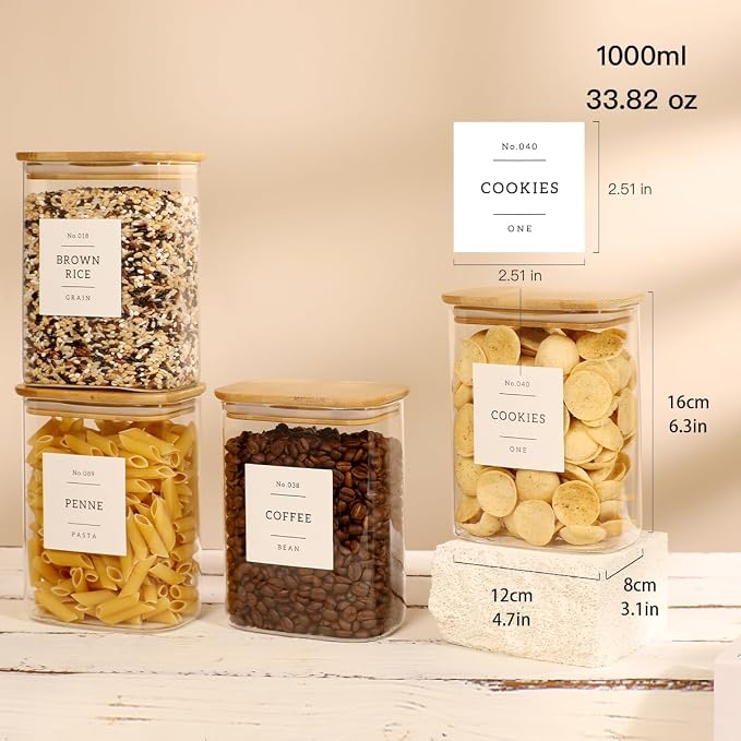 4 Pack Square Glass Pantry Storage Containers with 132 Kitchen Food Pantry Labels - 34 floz Clear Glass Pantry Jars with Airtight Wood Bamboo Lids - Glass Canisters for Tea, Cereal, Coffee, Spice - Image 3