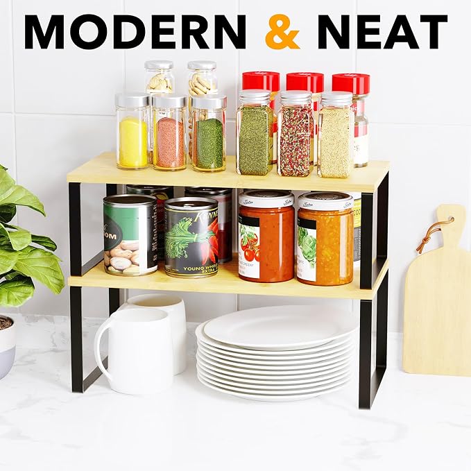 SpaceAid Cabinet Shelf Organizers 8 Pack, Kitchen Counter Rack Shelves Riser, Stackable Expandable Spice Rack, Pantry Cupboard Storage Organization (Black and Natural, Long) - Image 5