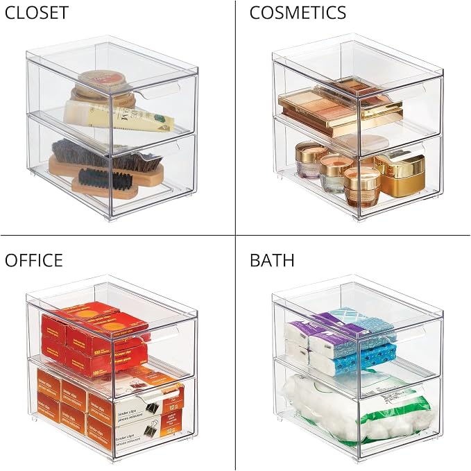 mDesign Stackable Storage Containers Box with 2 Pull-Out Drawers - Stacking Plastic Drawer Bins for Master or Guest Bathroom, Linen Closet, Vanity, Makeup Table Lumiere Collection 4 Pack, Clear - Image 8