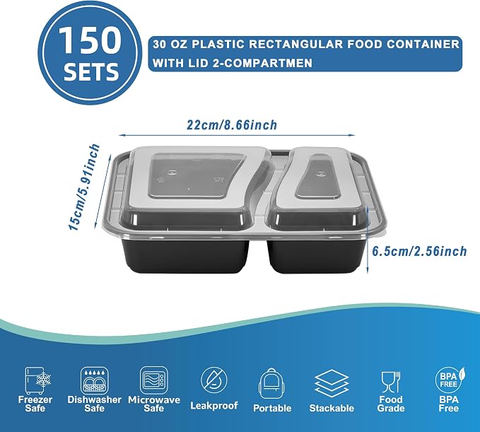 28oz Food Storage Containers with Lids,150 Sets 2-Com Disposable Boxes | Heavy Duty, BPA Free, Microwave/Dishwasher/Freezer Safe, To Go Bento Boxes for Lunch Takeout - Image 2