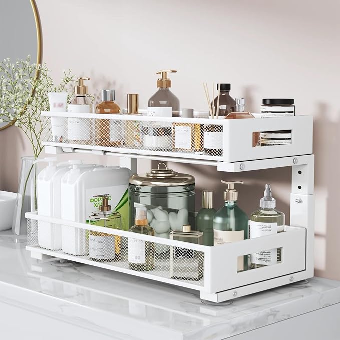 2 Packs 21IN Depth Under Sink Organizer, 2-Tier Pull Out Cabinet Organizer With Smooth Circular Rail, Large Capacity Metal Mesh Sliding Drawers For Bathroom& Kitchen Storage,Height Adjustable –White - Image 3