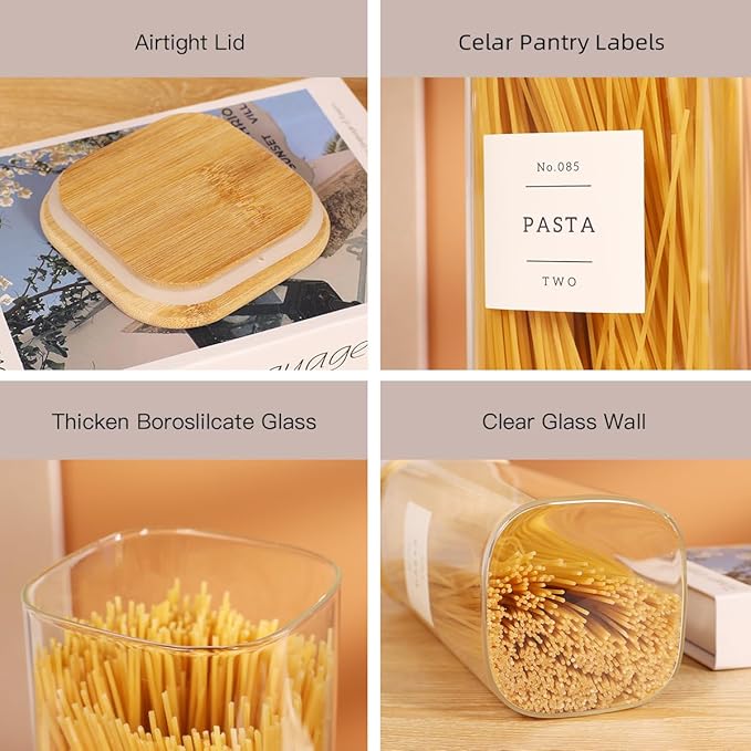 5 Pack Square Glass Pantry Storage Containers with 132 Kitchen Food Pantry Labels - Clear Glass Pantry Jars with Airtight Wood Bamboo Lids - Glass Canisters for Pasta, Cereal, Coffee, Flour, Sugar - Image 4