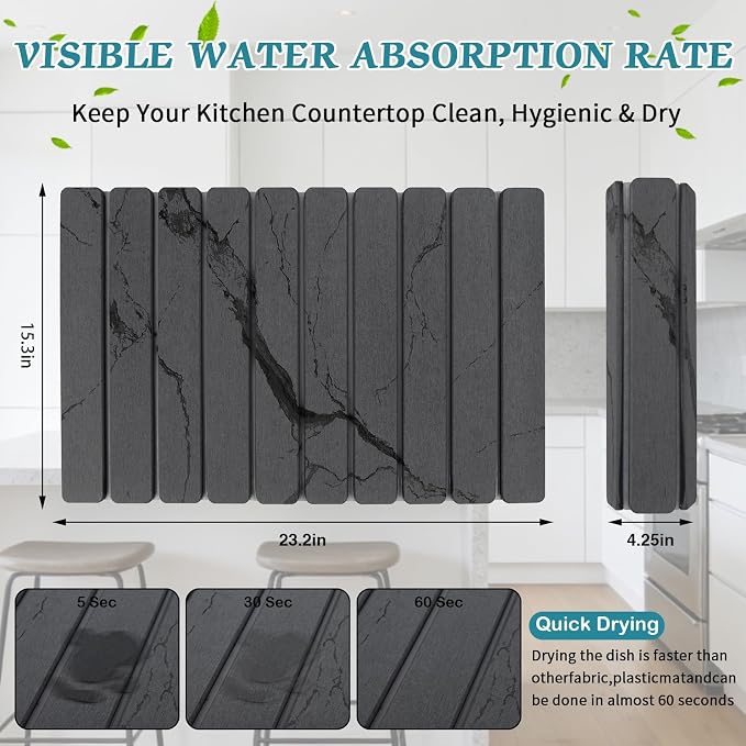 Stone Dish Drying Mat for Kitchen Counter, 24 x 16 Inch(Dark Gray Marble) | Absorbent diatomaceous earth and PVC, folds for compact storage, suitable for dishes, cups, bottles, or a bathroom floor mat - Image 2