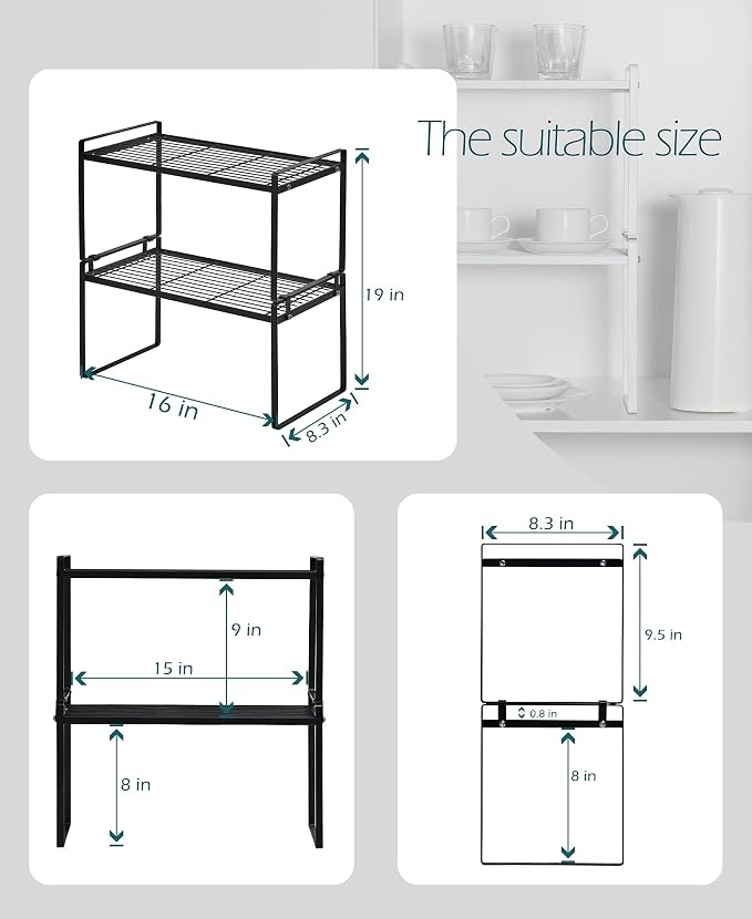 Shantton Cabinet Shelf Organizer, Pantry Shelf Rack, Black 16x8.3x9.5 | 2-Pack Stackable Metal Riser Holds 40LBS with Non-Slip Feet for Kitchen Pantry Bathroom Countertop Freezer Cupboard - Image 3
