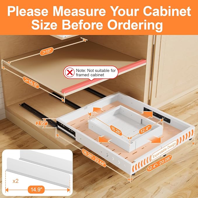 Pull out Cabinet Organizer Expandable W(12"-20") and D(16"-22"), No Drill Adjustable Slide Out Drawers With 3 Slide Rails, 2Pcs Magnetic Panel, Adhesive Roll out Shelves for Kitchen, Cabinets, Pantry - Image 6