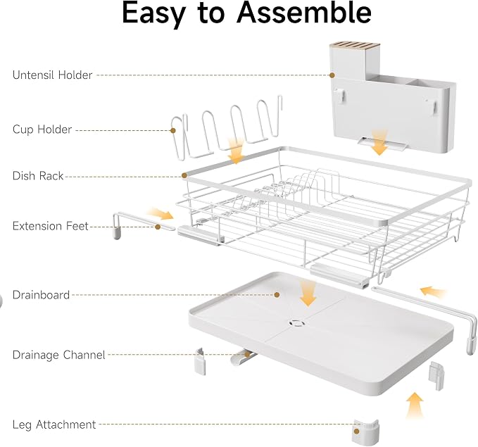Runnatal Large Dish Drying Rack, Extendable Dish Rack Over Sink | Stainless Steel Dish Strainer with Drainboard, Utensil Holder & Cup Holder for Kitchen Counter, White - Image 7