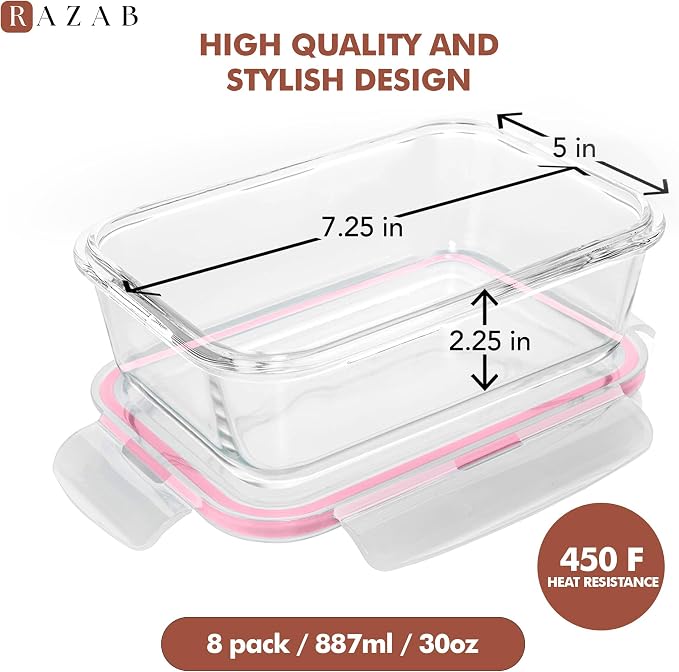 Razab 16 Pc (Set of 8) 30 Oz Glass Meal Prep Containers with Lids, Airtight Large Glass Food Storage Containers, Reusable Leak Proof BPA Free, Freezer to Oven and Dishwasher Safe - Image 3