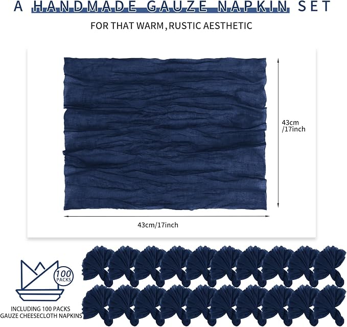 100 Pieces Cloth Napkins Navy Blue Dinner Cheesecloth Napkins for Wedding,Wrinkled Cloth Napkins Bulk for Home Party Rustic Table Decoration, 17 x 17 Inch - Image 2