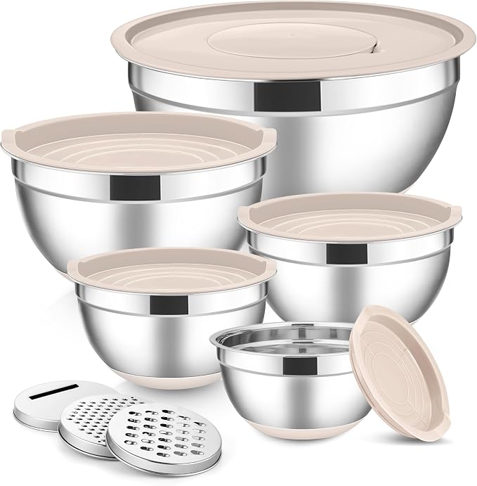 E-far Stainless Steel Mixing Bowls with Lids Set, 5-Piece Nesting Salad Bowls with 3 Grater Attachments and Non-Slip Bottoms, Size 4.6, 2.6, 2, 1.5, 1QT for Kitchen (Khaki) by E-far
