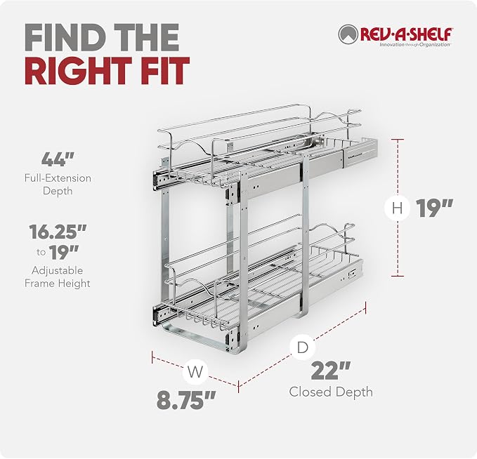 Rev-A-Shelf 2-Tier Pullout Shelf and Drawer Organizer for Kitchen Cabinets, Slide Out Storage Basket, Min Opening Width of 8.5", 9" x 22", 5WB2-0922CR-1 - Image 6