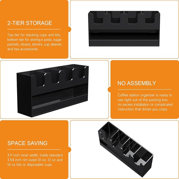 Beego 5-Compartment Cup Holder for Countertop - 2-Tier Black Acrylic Cup Dispenser Coffee Station Paper Cup and Lid Organizer Condiment Storage for Restaurant Breakroom Kitchen Bar Accessories - Image 8