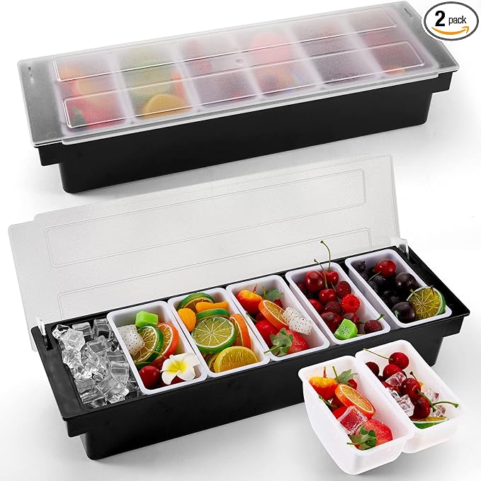 2 Pcs Bar Fruit Caddy with Lid Salad Condiment Server Black Plastic Garnish Tray Ice Chilled Condiment Caddy for Home Restaurant Bartending Serving Veggie Taco Salad Party Supplies(6 Compartments) by Tessco