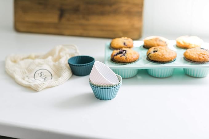 Reusable Silicone Baking Cup Silicone Muffin Liners for Cupcakes, BPA Free, Regular, 12 Pack, White Blue Green - Image 8