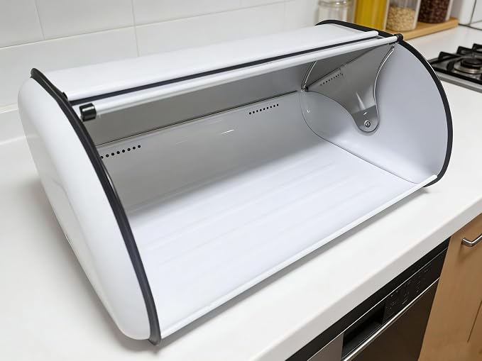 Large Metal Bread Box for Kitchen Countertop, White Roll Top Bin | Large stainless steel bread box with a smooth roll-top lid stores loaves, bagels and pastries, keeping countertop organized - Image 8