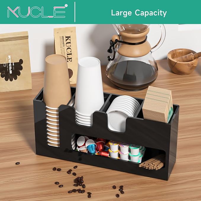 2-Tier Coffee Station Organizer for Countertop, 5 Compartments Black Acrylic Cup and Lid Holder Tea Condiment Storage Upright Coffee Bar Organizer Pod Dispenser for Office Breakroom Home Kitchen - Image 7