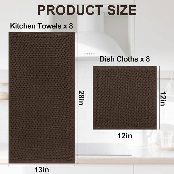 Homaxy 16 Pack 100% Cotton Kitchen Towels and Dishcloths Set, Dark Brown | 12 x 12 Inches and 13 x 28 Inches Kitchen Towels Set, Ultra Soft Absorbent Dish Cloths for Washing Dishes - Image 4