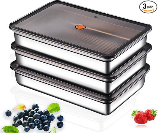 Stainless Steel Food Storage Containers, Silver, 3-Piece Set | Airtight with Vacuum Seal, Stackable Rectangular, BPA-Free Lids, For Meal Prep and Leftovers Storage, Shallow- 1.9'' Height by HOMMIYA
