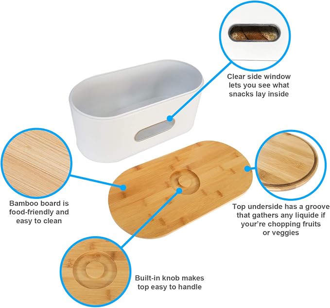 SOTECH Large Size Bread Boxes for Kitchen Counter with Bamboo Cutting Board Lid, Farmhouse Eco Rustic Bamboo Bread Bins High Capacity Space Saver for Countertop (White) - Image 2