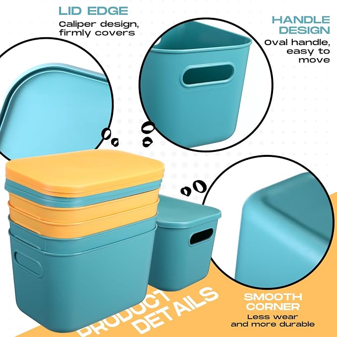 8 Pieces Colorful Storage Bins with Lid, Plastic Storage Basket Organizing Container Stackable Box with Handle for Shelves Desktop Playroom Office(10.2 x 7 x 6.3 Inch,Green and Yellow) - Image 3