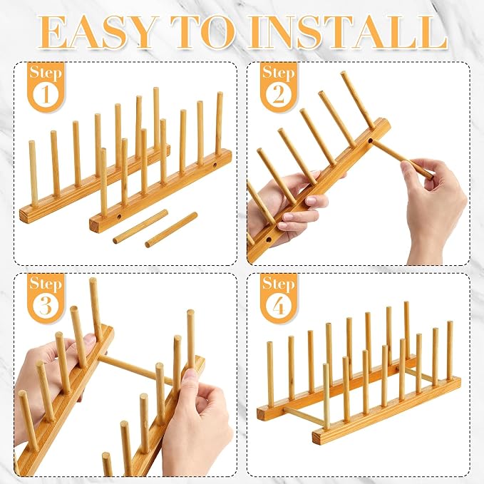 Zopeal 9 Pcs Bamboo Wooden Plate Racks Dish Rack Stand Holder 3/6/ 7 Slots Drainboard Drying Drainer Kitchen Cabinet Organizer for Dish Plate Bowl Cup Pot Lid Book - Image 4