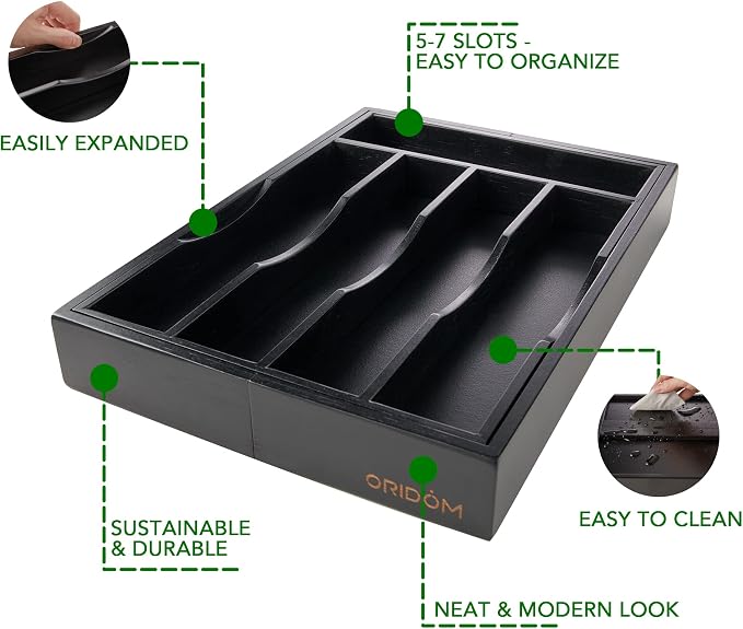 Expandable Bamboo Kitchen Drawer Organizer for Cutlery and Utensils, Adjustable Bamboo Wood Cutlery Tray in Drawer for Flatware and Silverware in Kitchen, (Black) - Image 5