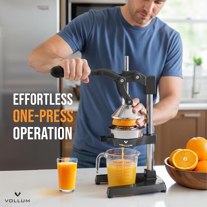 Manual Fruit Juicer,Commercial Grade Home Citrus Lever Squeezer for Oranges, Lemons, Limes, Grapefruits and More,Stainless Steel and Cast Iron,Non-skid Suction Cup Base,15 Inch,Black,by Vollum | Commercial-grade press for oranges, lemons, limes, and gr... - Image 3