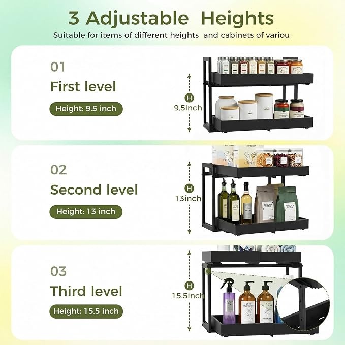 Abalter Expandable Pull Out Cabinet Organizer,2-Tier Slide Out Drawer for Kitchen Cabinets,Adjustable Width 12–18.5",Slide Out Shelves for Kitchen Countertop, Bathroom, Pantry, Heavy Duty Caddy(Black) - Image 6