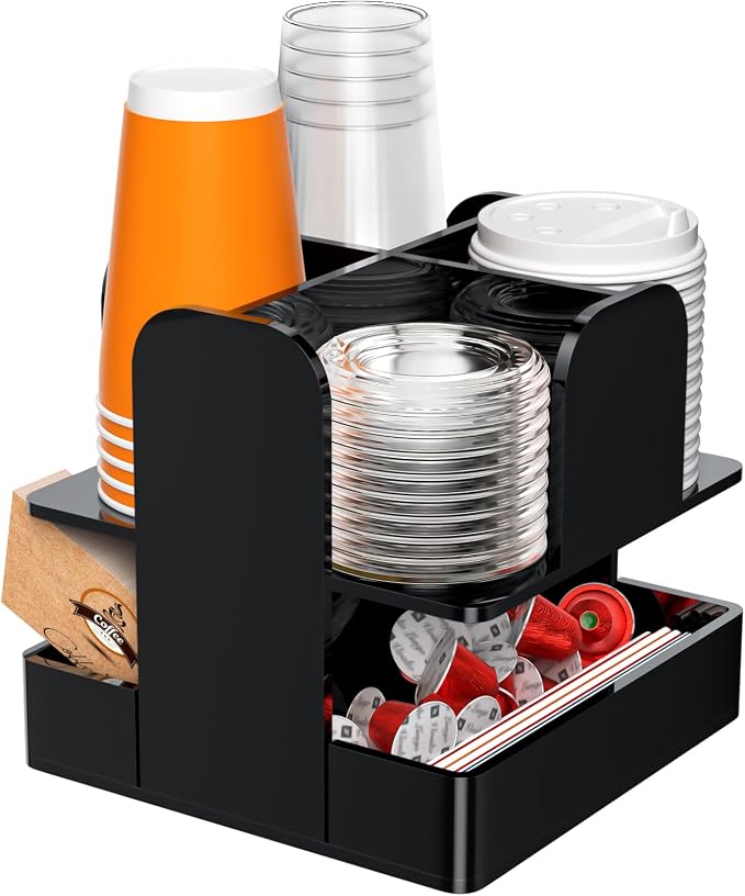Beego Rotatable 6 Compartment Acrylic Cup Dispenser - Black Plastic Cup Holder for Coffee Station, Restaurant, Breakroom & Coffee Bar by beegoofficial