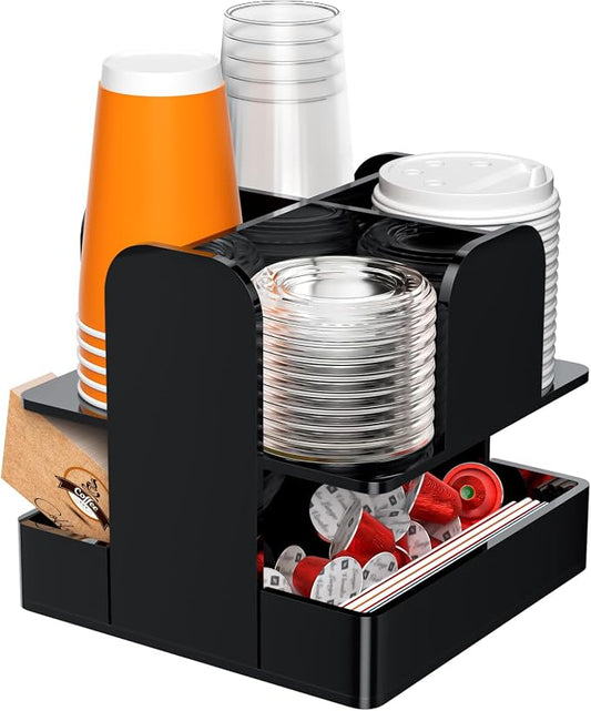 Beego Rotatable 6 Compartment Acrylic Cup Dispenser - Black Plastic Cup Holder for Coffee Station, Restaurant, Breakroom & Coffee Bar by beegoofficial