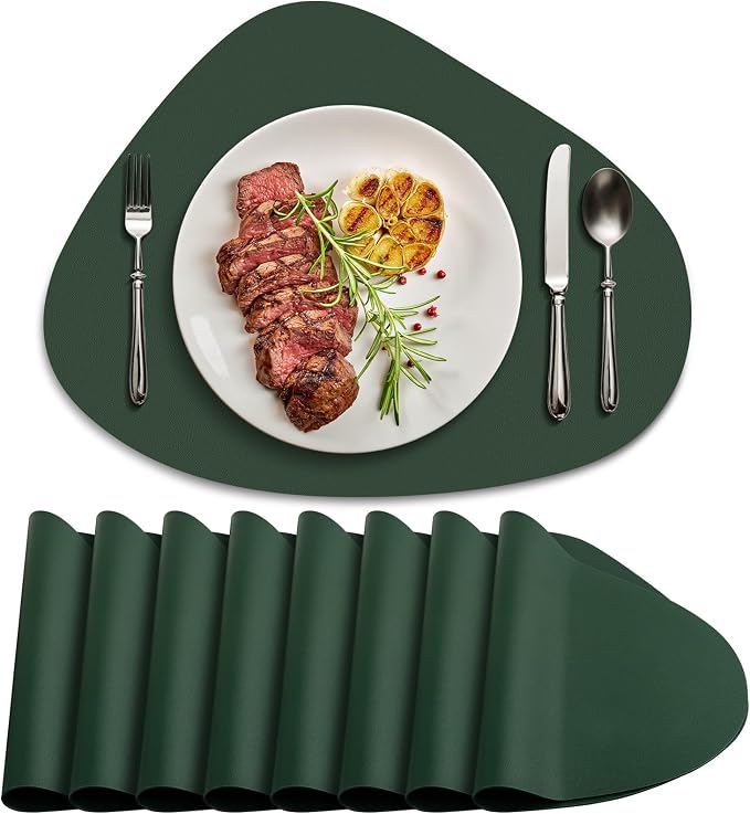 Faux Leather Placemats Set of 8, Wipeable & Washable Table Mats | Waterproof, Heat-Resistant & Easy to Clean Round Place Mats for Dining & Kitchen, 17''x13'', Green by Delicateandelegantplacemats